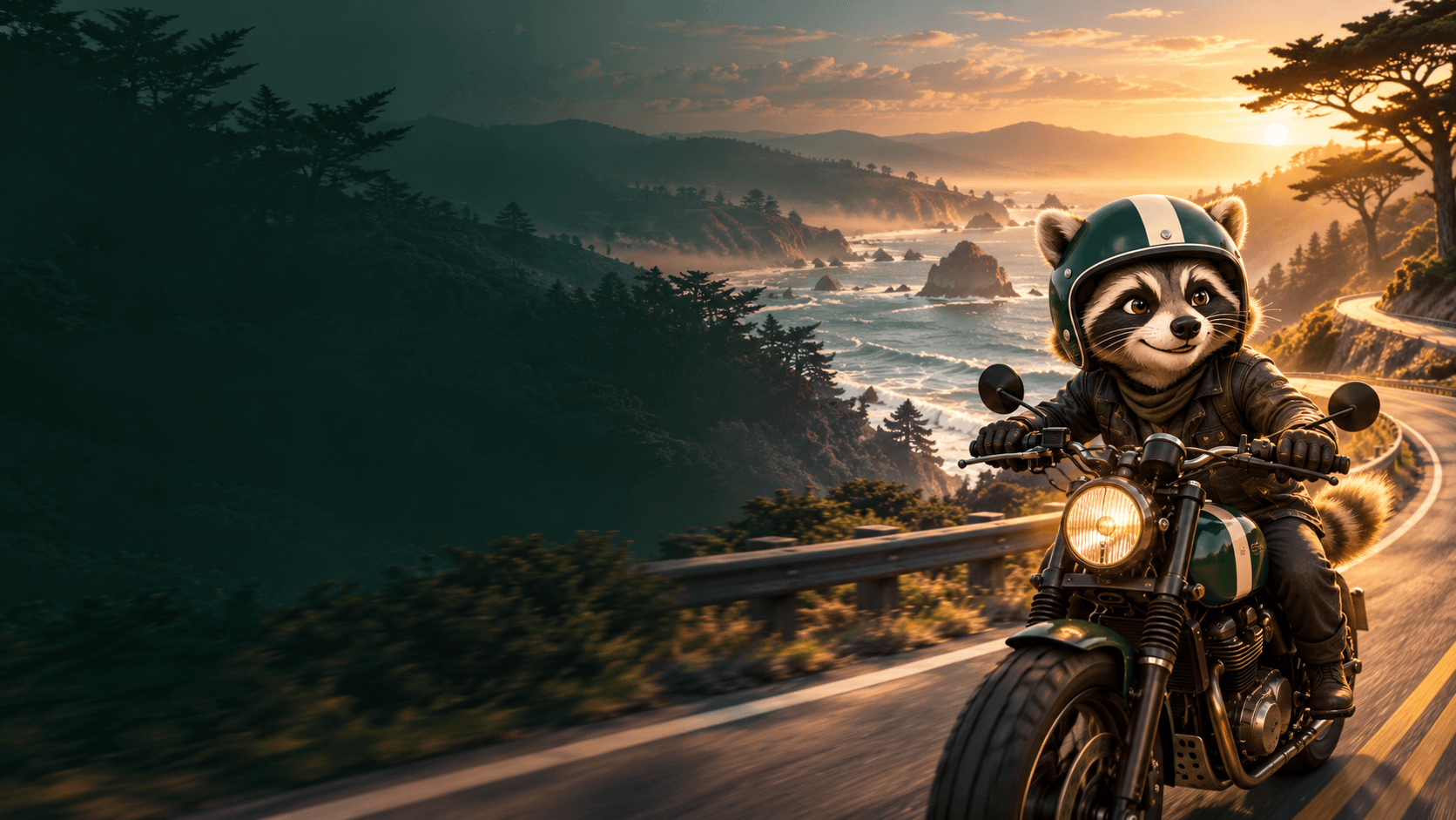 A winding coastal road through deep green hills, with Rukky ready for the journey.